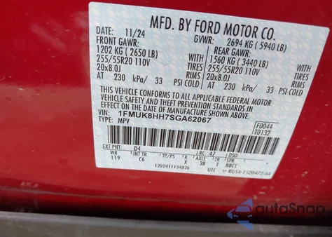 2025 Ford Explorer Platinum из США, поврежденный, VIN 1FMUK8HH7SGA62067